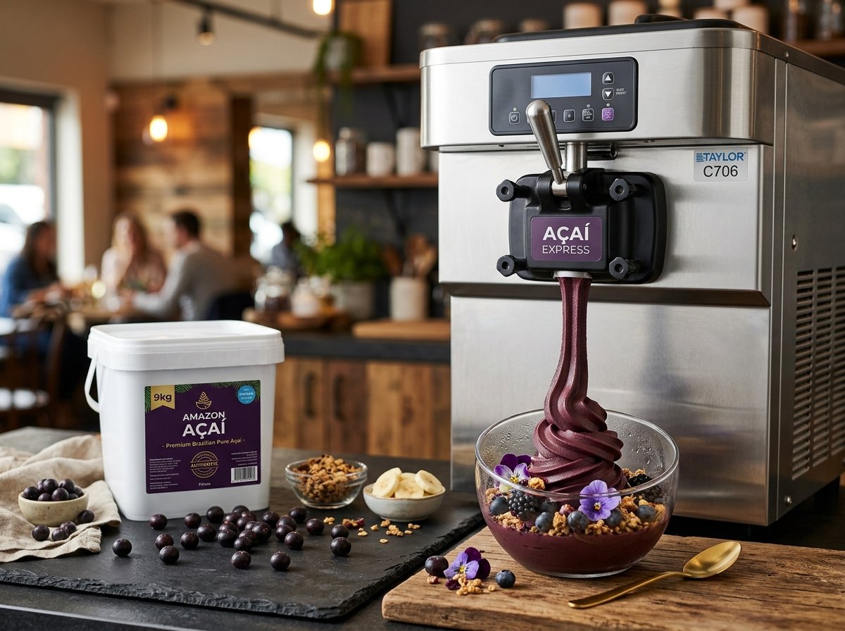 Professionelle Softeismaschine mit Açaí-Produkteimer und fertig servierter Açaí-Softeis-Portion